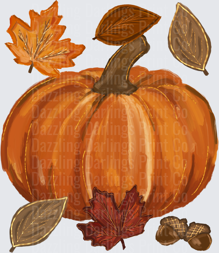 Autumn Harvest Pumpkin with Fall Leaves and Acorns