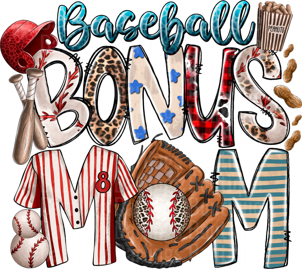 Baseball Bonus Mom Typography with Peanuts and Equipment