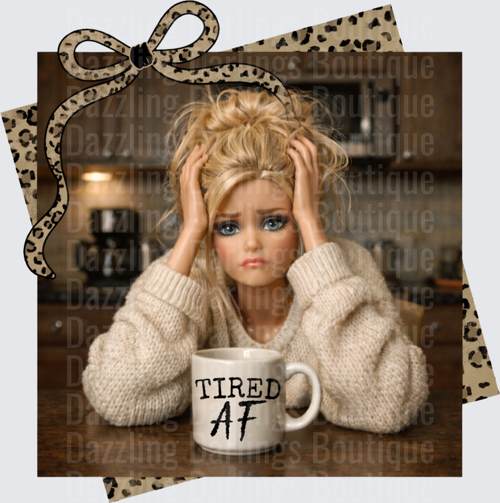 Tired AF Blonde Woman with Coffee Mug Leopard Bow Frame