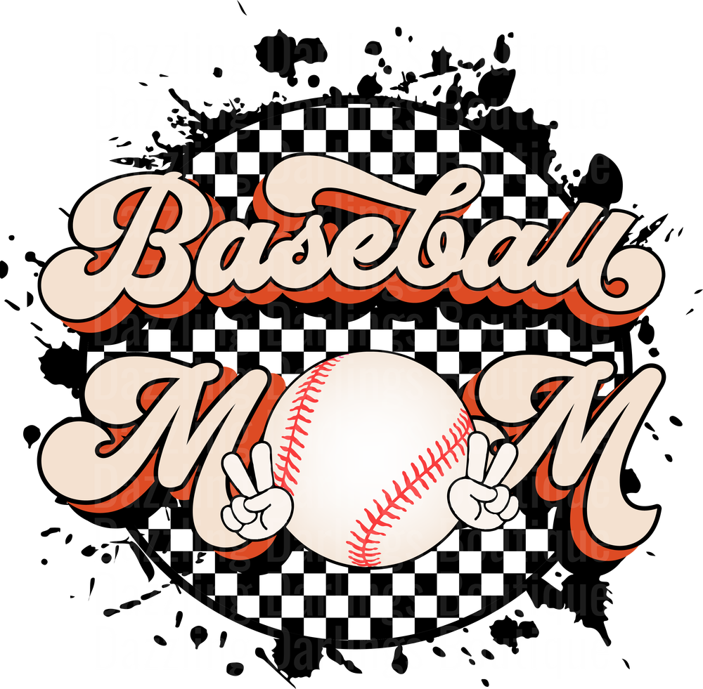 Baseball Mom with Peace Sign Hands and Checkered Flag Background