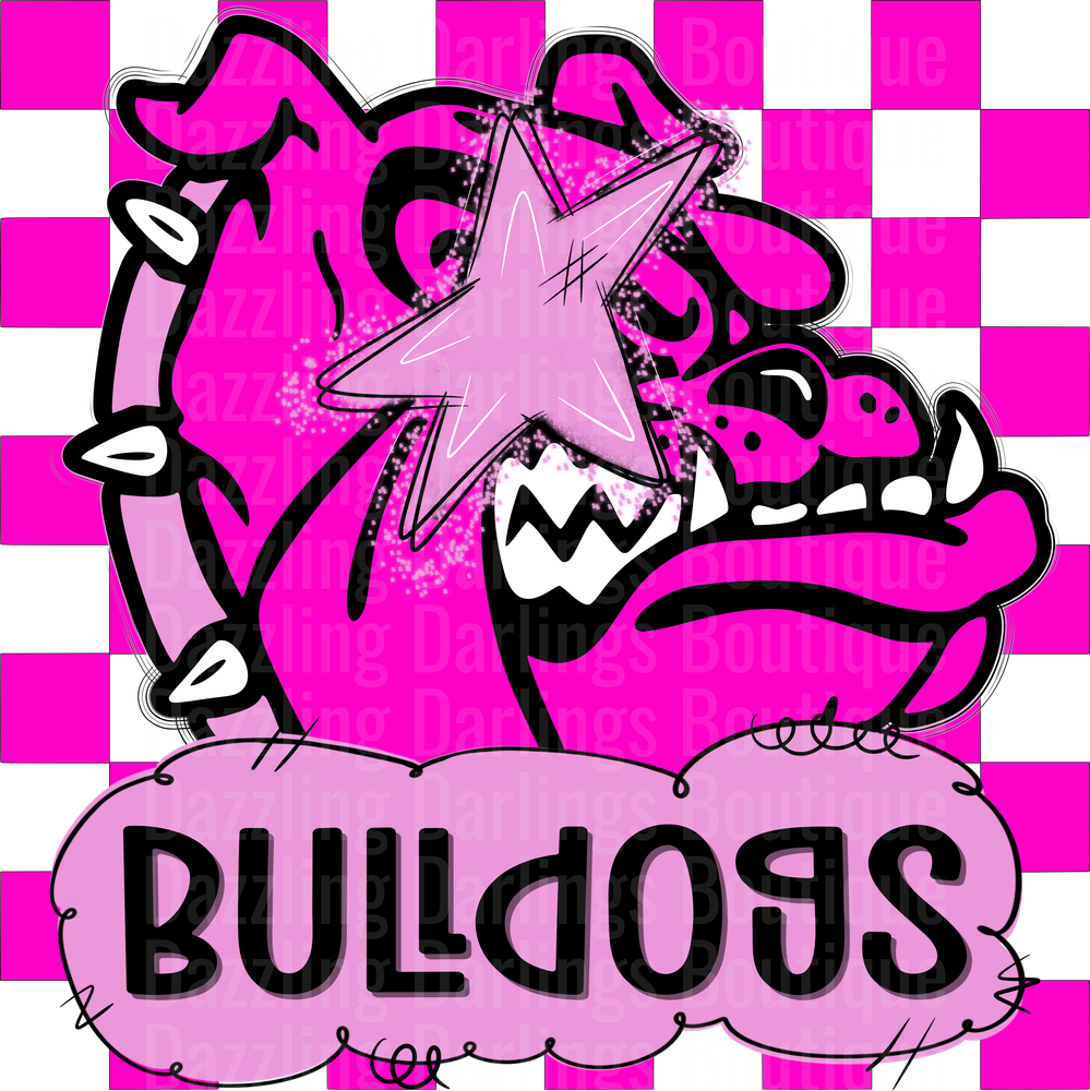 Pink Bulldog Mascot with Star Wand on Checkered Background
