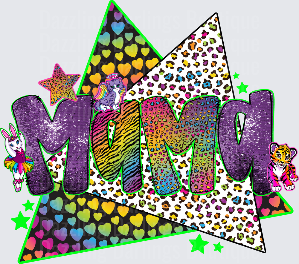 Retro 90s Mom Text with Lisa Frank Style Unicorn Tiger Rainbow Leopard Print