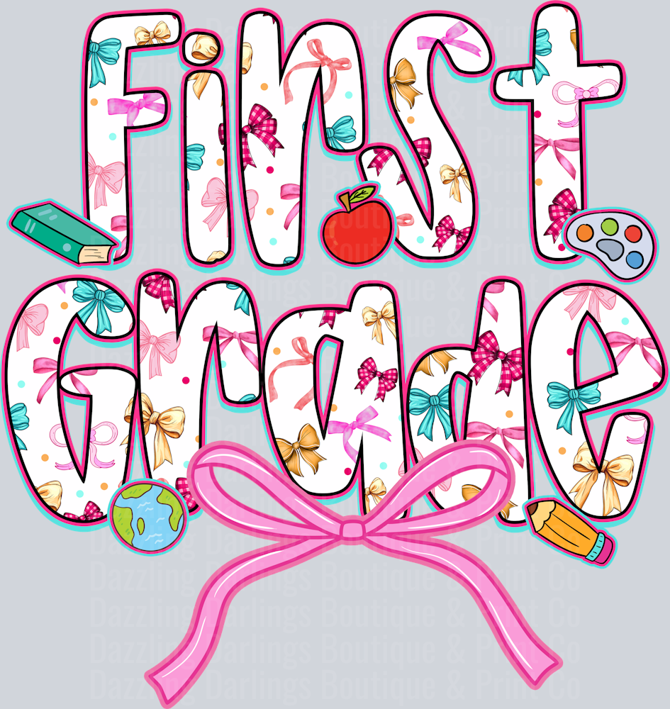 Back To School First Grade Floral Letters Pink Bow Apple