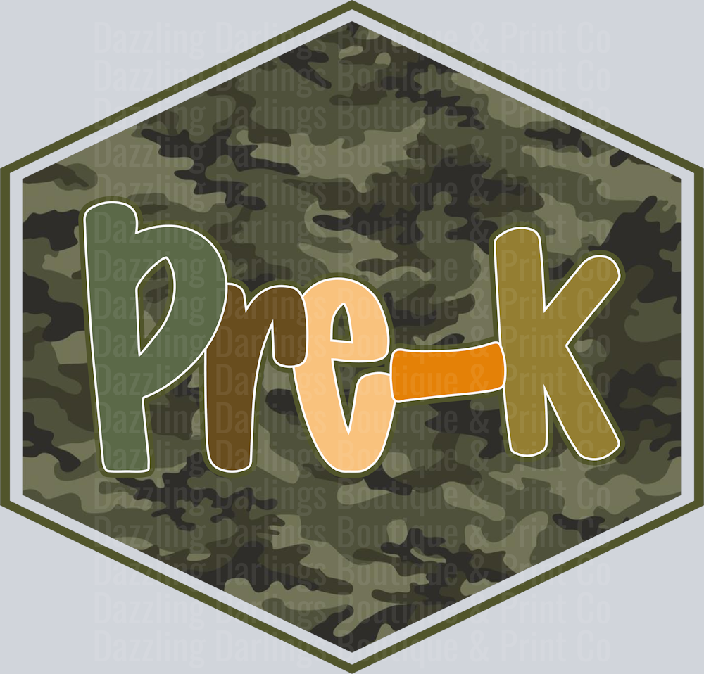 Pre-K Camo Hexagon Badge Orange Green Letters