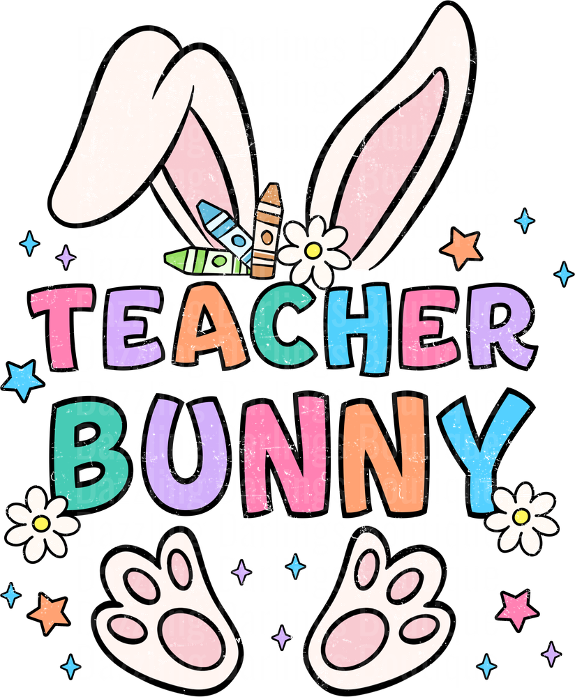 Teacher Bunny Easter Design with Colorful Letters and Paw Prints