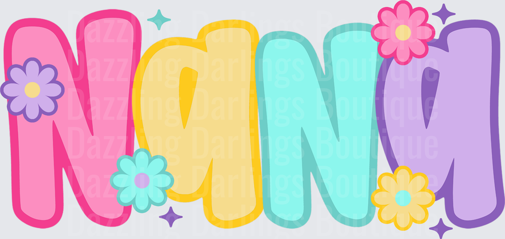 Colorful NANA Text with Flowers and Stars