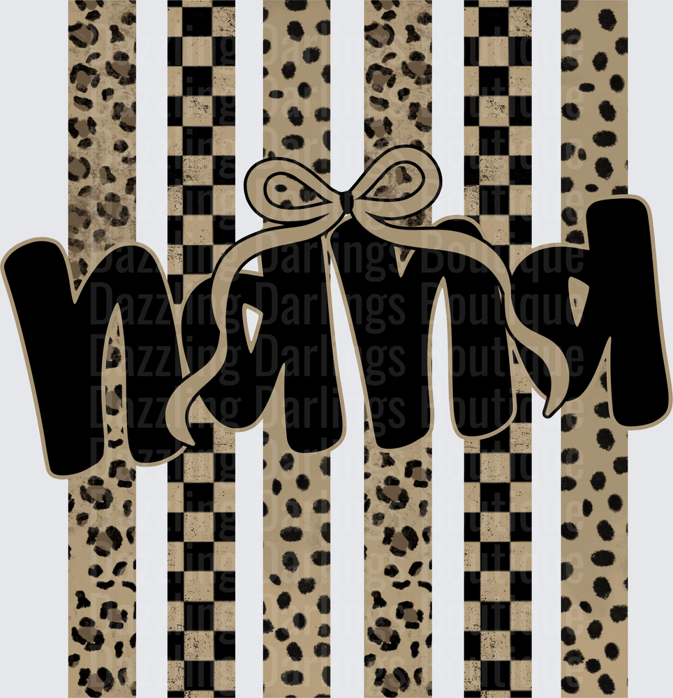 Mama with Bow on Leopard Print and Checkered Pattern Strips