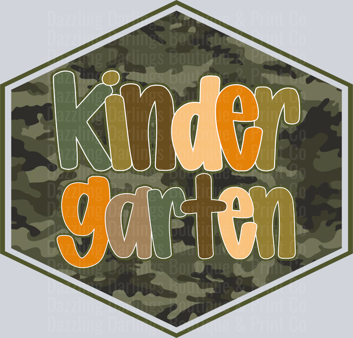 Kindergarten Camo Hexagon Badge Orange Green Letters