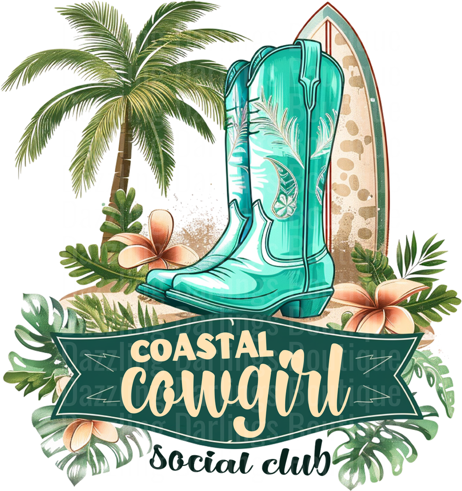 Coastal Cowgirl Social Club Turquoise Boots Palm Trees Surfboard