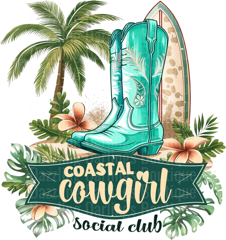 Coastal Cowgirl Social Club Turquoise Boots Palm Trees Surfboard
