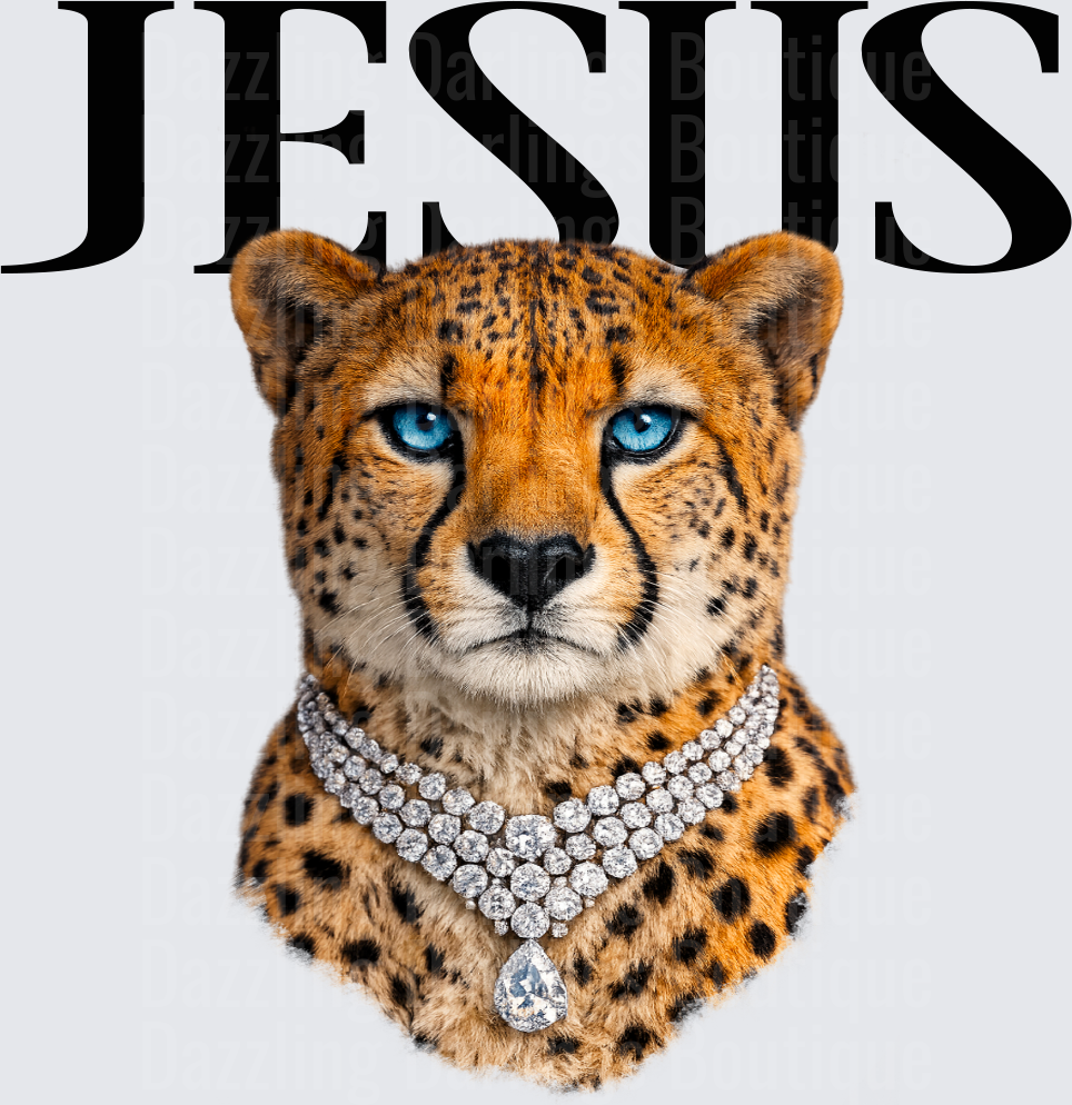 JESUS with Blue-Eyed Cheetah Wearing Diamond Necklace