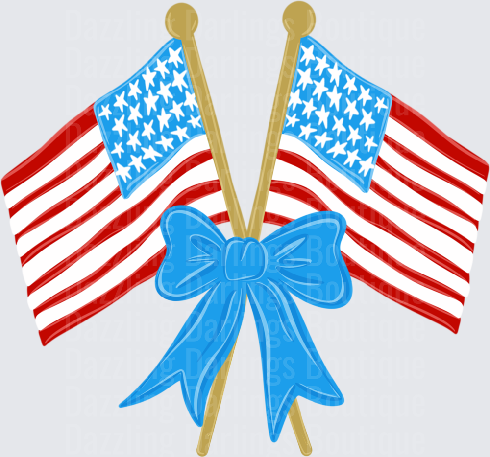 Crossed American Flags with Blue Bow Patriotic Design