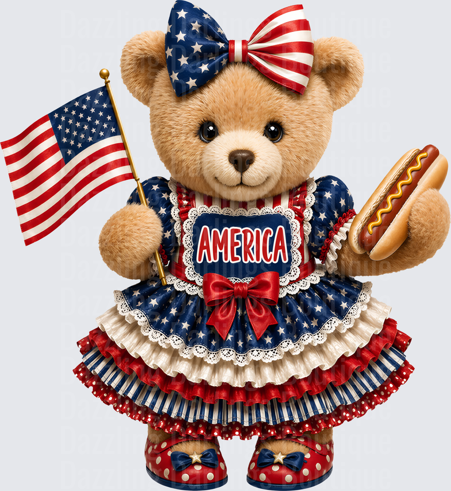 Patriotic Teddy Bear in Stars and Stripes Dress Holding American Flag and Hot Dog