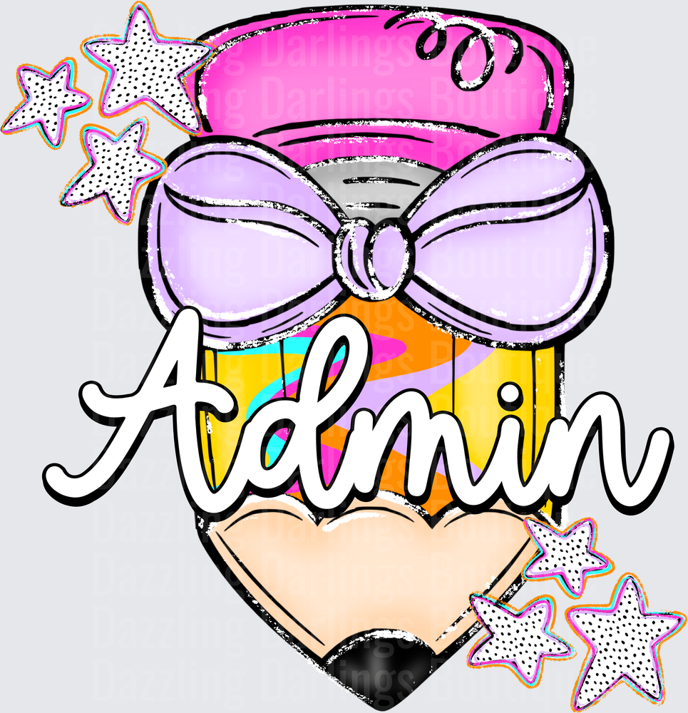 Cute Admin Pencil with Purple Bow and Stars Design