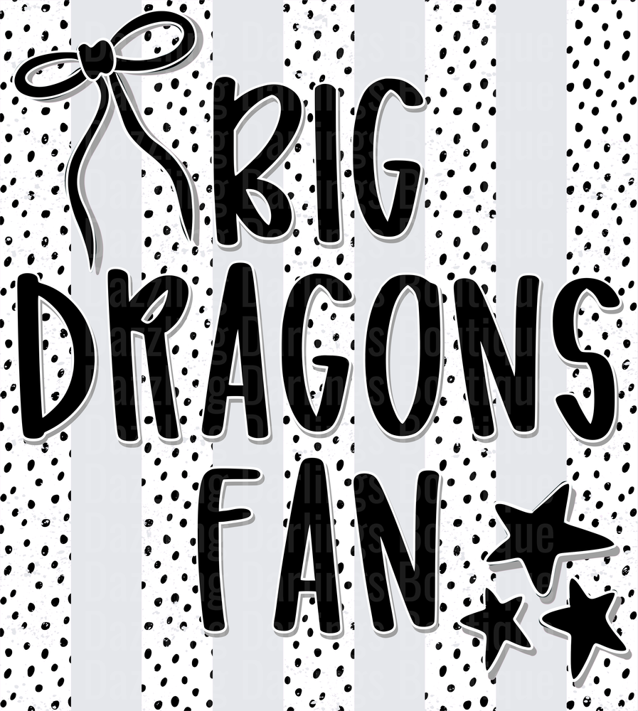 Big Dragons Fan with Dragonfly and Stars on Polka Dot Background