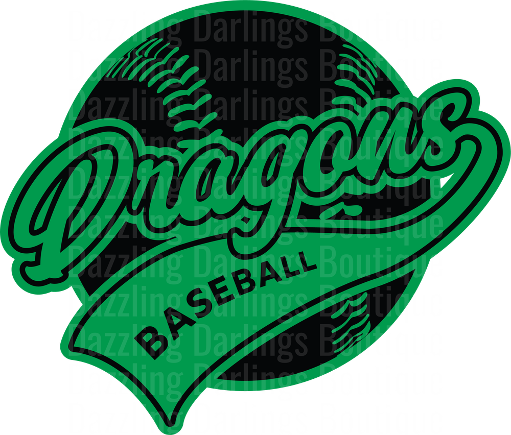 Dragons Baseball Logo with Green Banner and Black Baseball