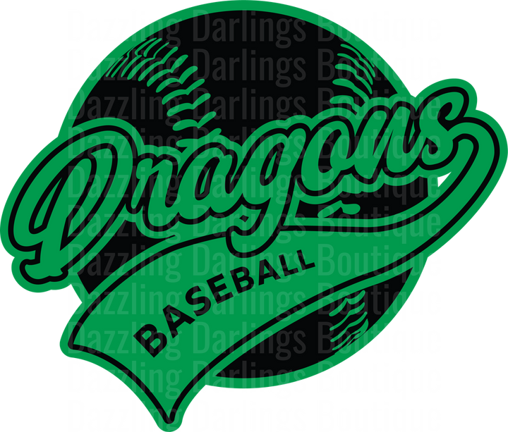 Dragons Baseball Logo with Green Banner and Black Baseball