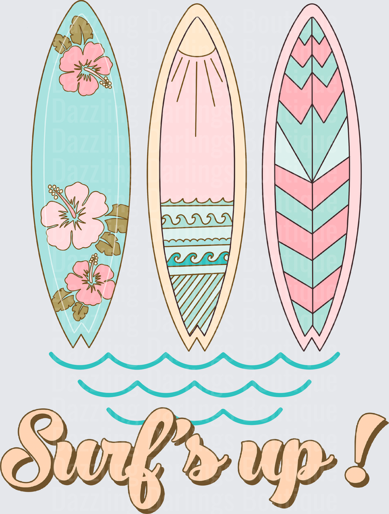Three Decorative Surfboards with Hibiscus Flowers and Chevron Patterns Surf's Up Design