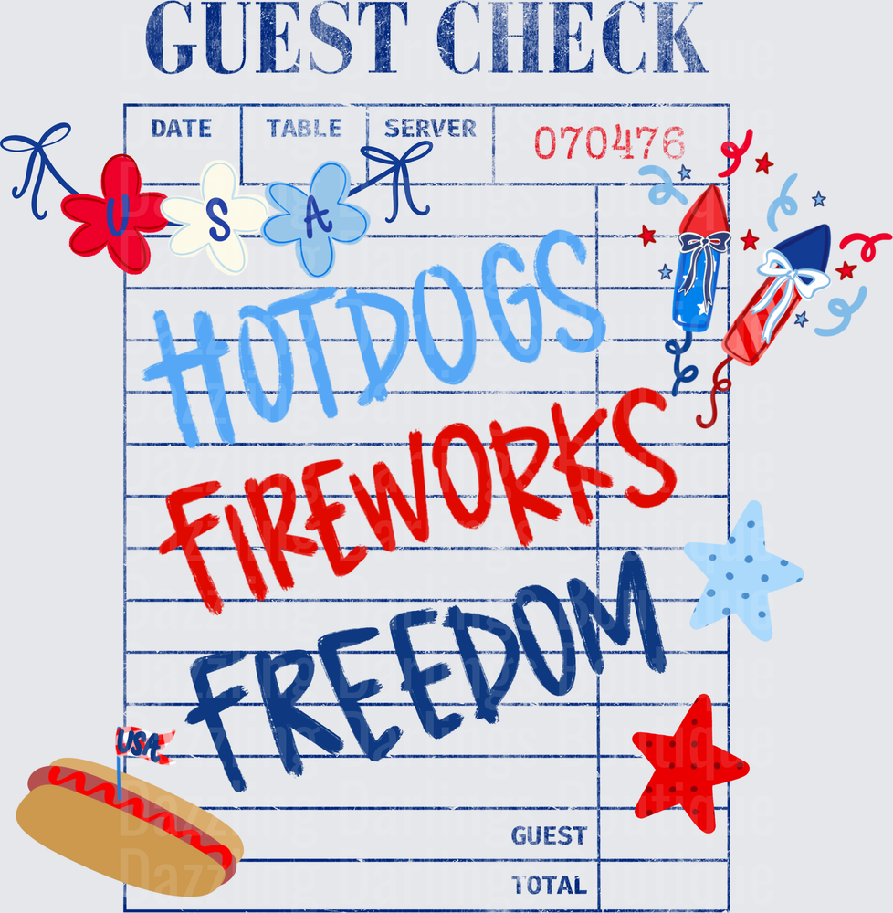 Patriotic Restaurant Guest Check Hot Dogs Fireworks Freedom