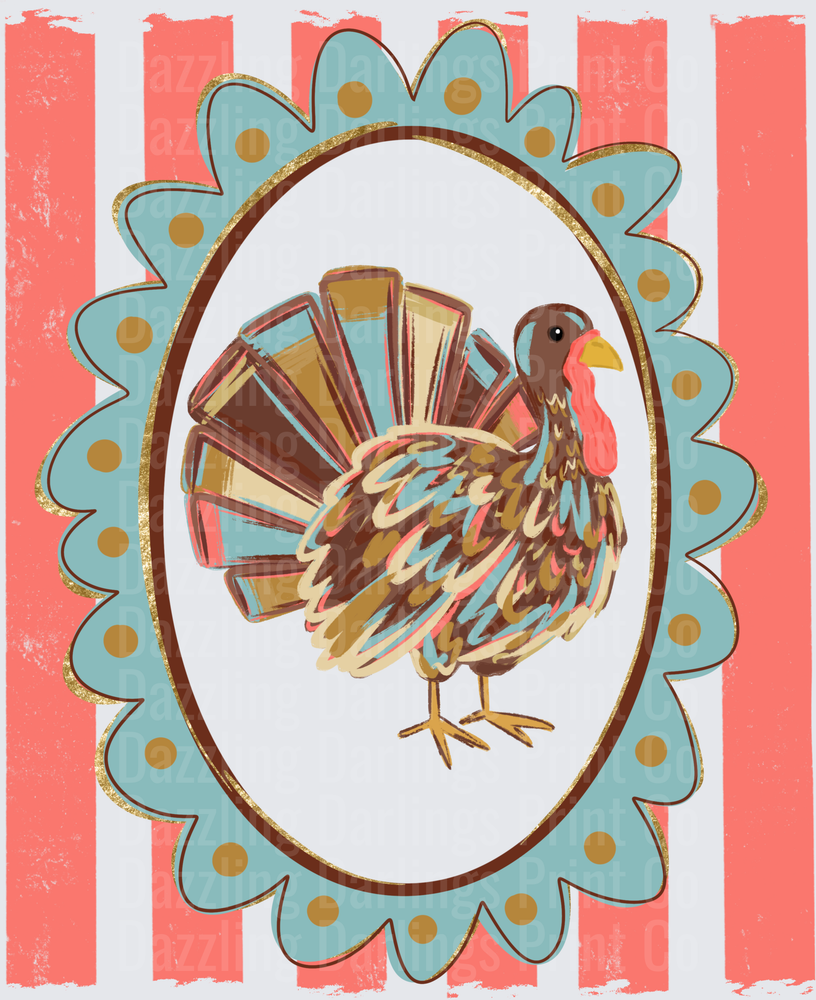 Vintage Cameo Turkey Thanksgiving Coral Stripe Frame