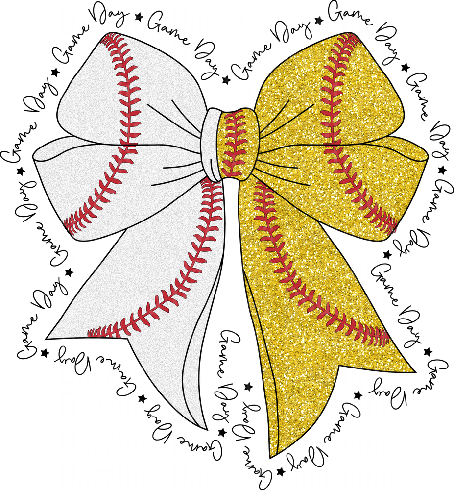Baseball Bow with Gold Glitter and Game Day Text