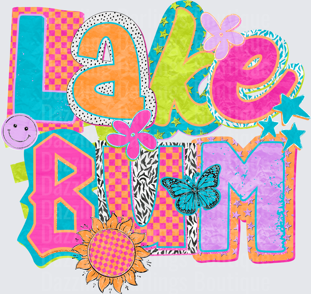 Colorful Lake Bum Typography with Flowers Butterfly and Sun
