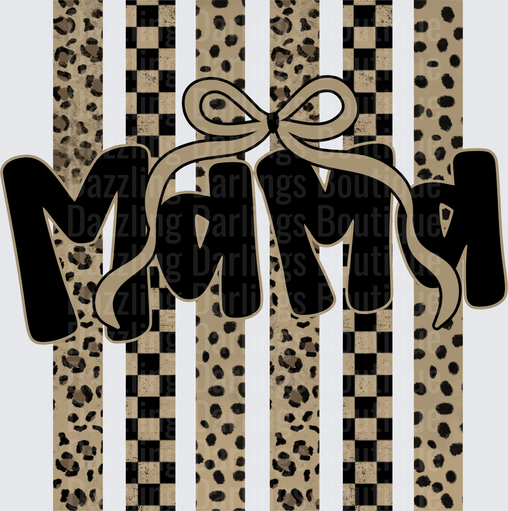 Mama with Bow Leopard Print and Checkered Stripe Pattern