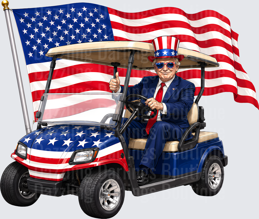 Trump Driving Patriotic Golf Cart with American Flag Uncle Sam Hat
