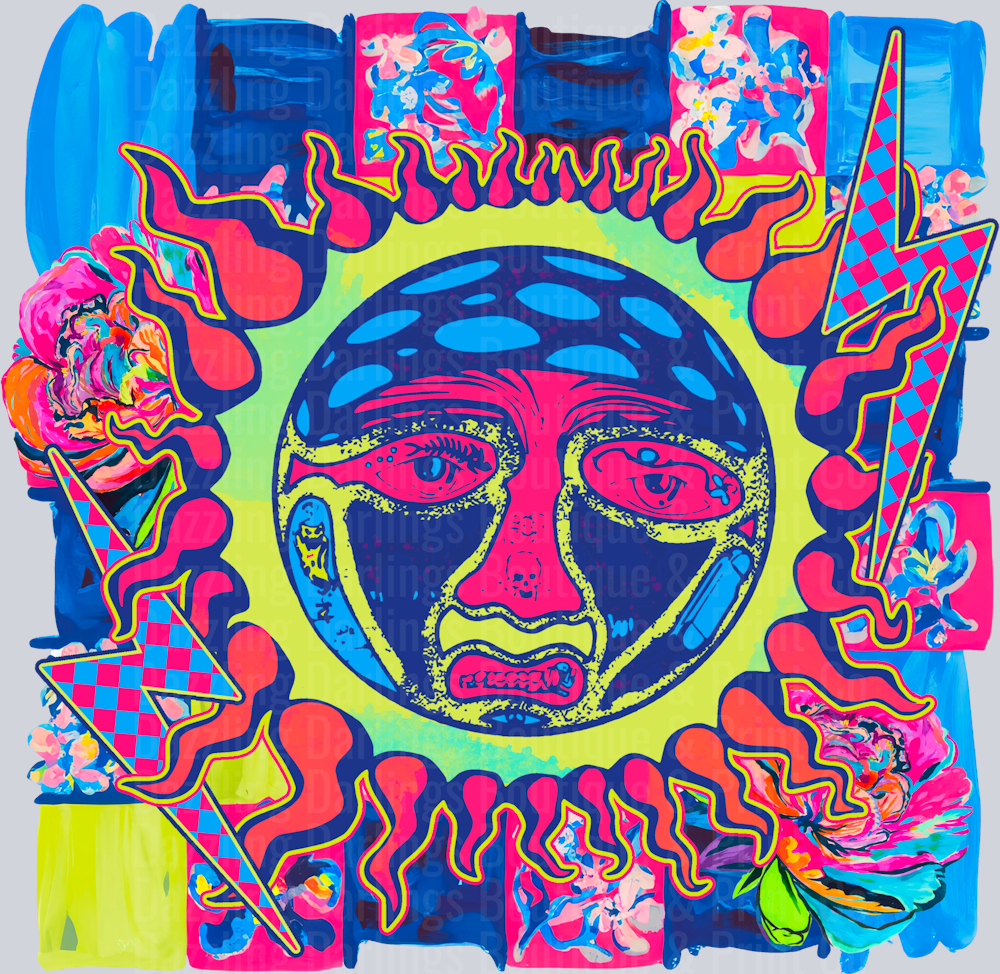 Rock Band Neon Sun Face Flames