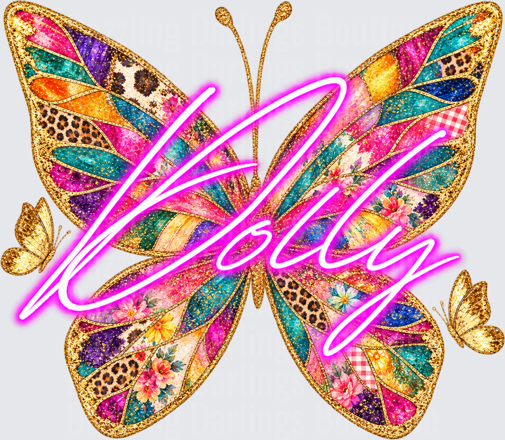 Dolly Neon Script Patchwork Glitter Butterfly Design