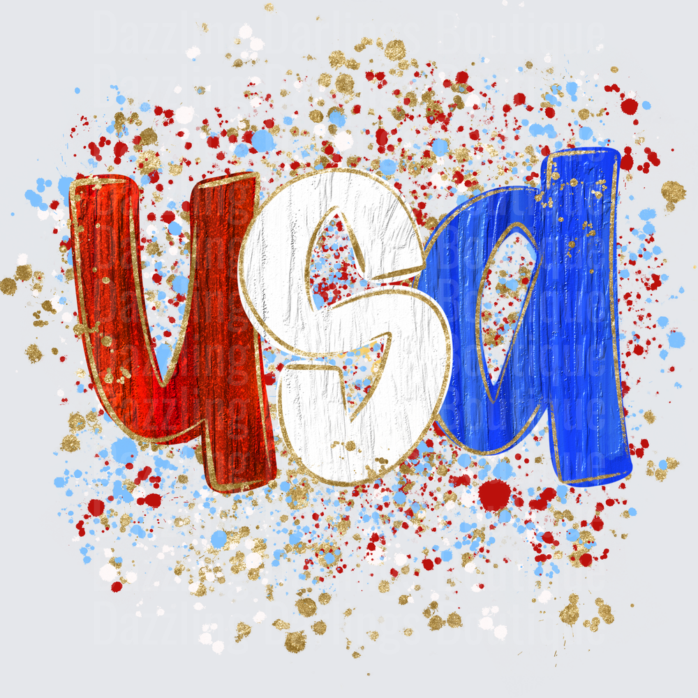 USA Patriotic Letters with Red White Blue Paint Splatter