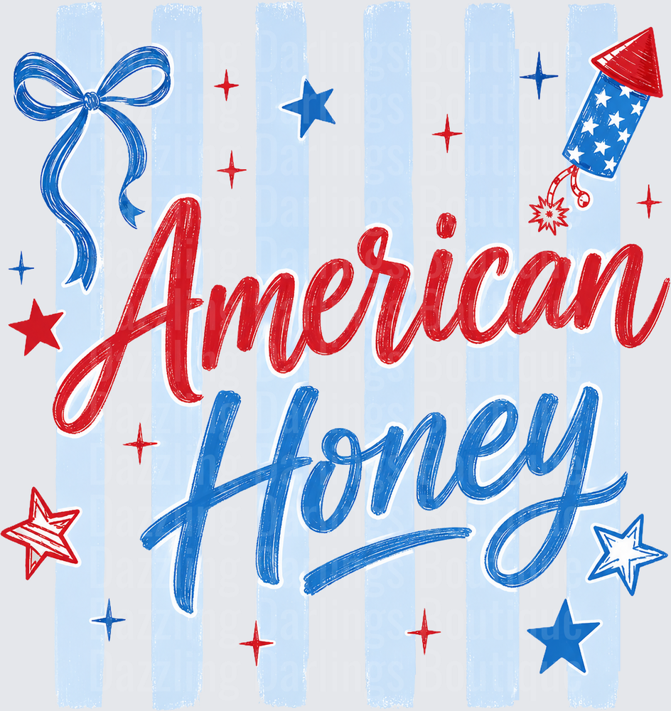 American Honey Patriotic Script with Stars Bow and Rocket