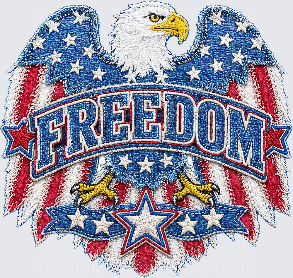 Patriotic Bald Eagle with Freedom Banner and American Flag Stars