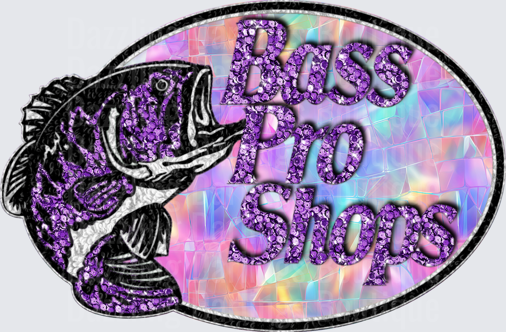 Bass Pro Shops Logo with Purple Glitter Fish Design