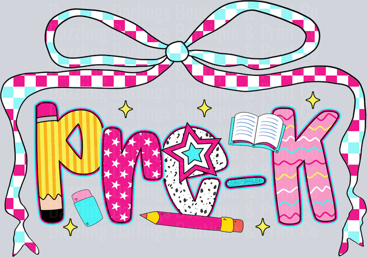 Back To School Pre-K Checkered Ribbon Bow Patterned Letters