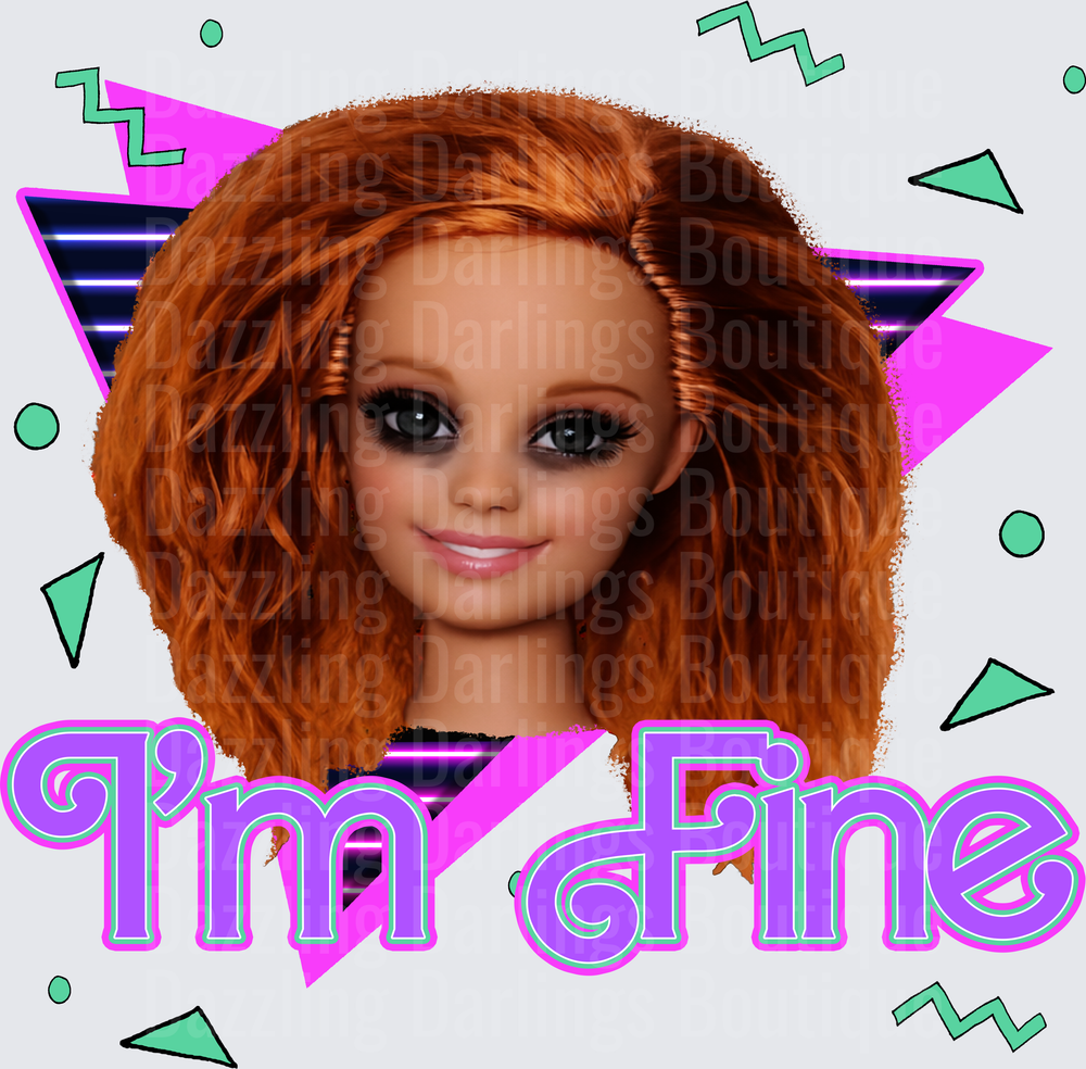 Barbie Doll Face with Auburn Hair 80s Retro Geometric Design