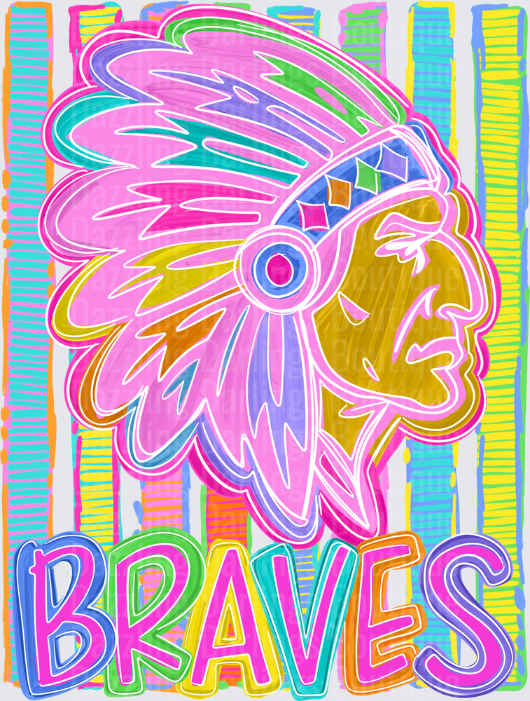 Braves Native Chief Headdress Colorful Neon Stripe Mascot