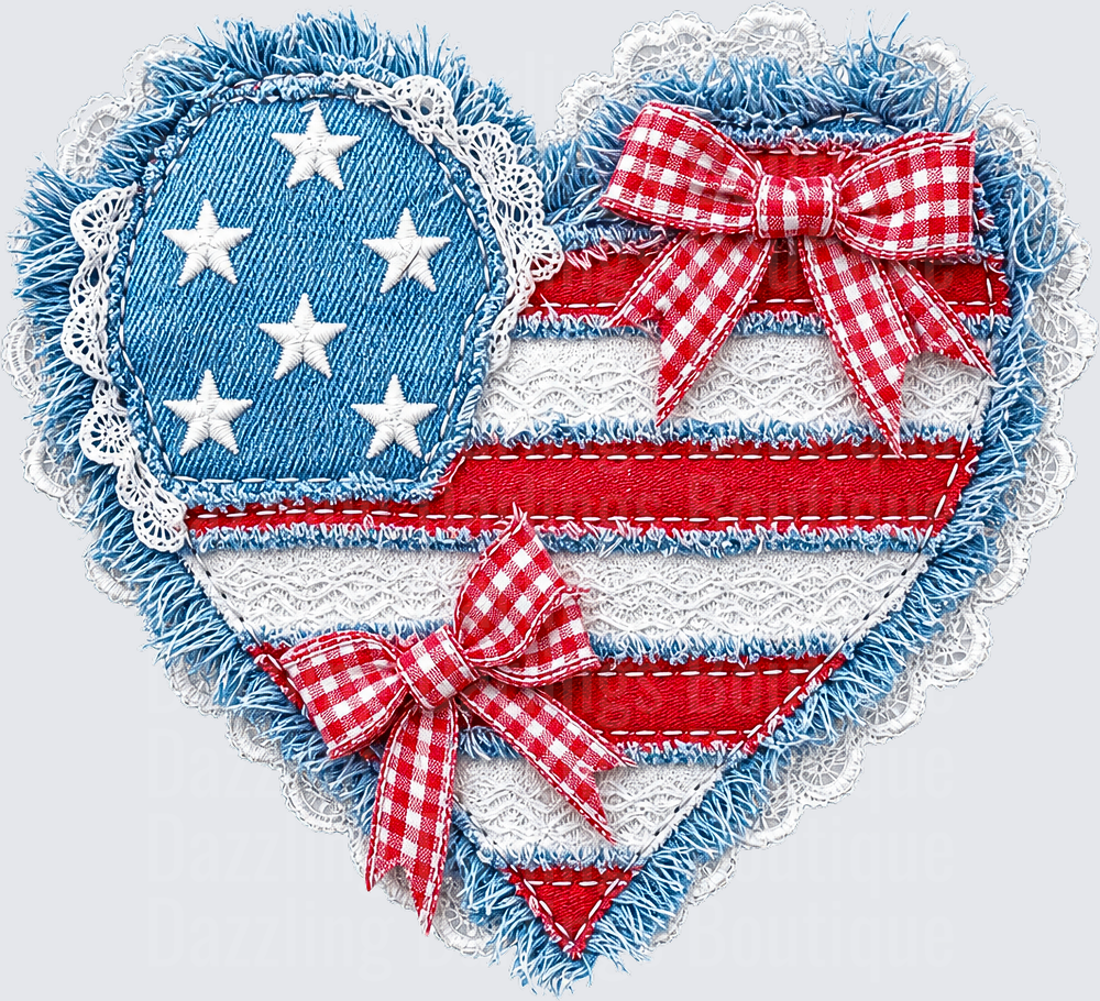 Patriotic Heart Flag with Red Gingham Bows Denim Patchwork