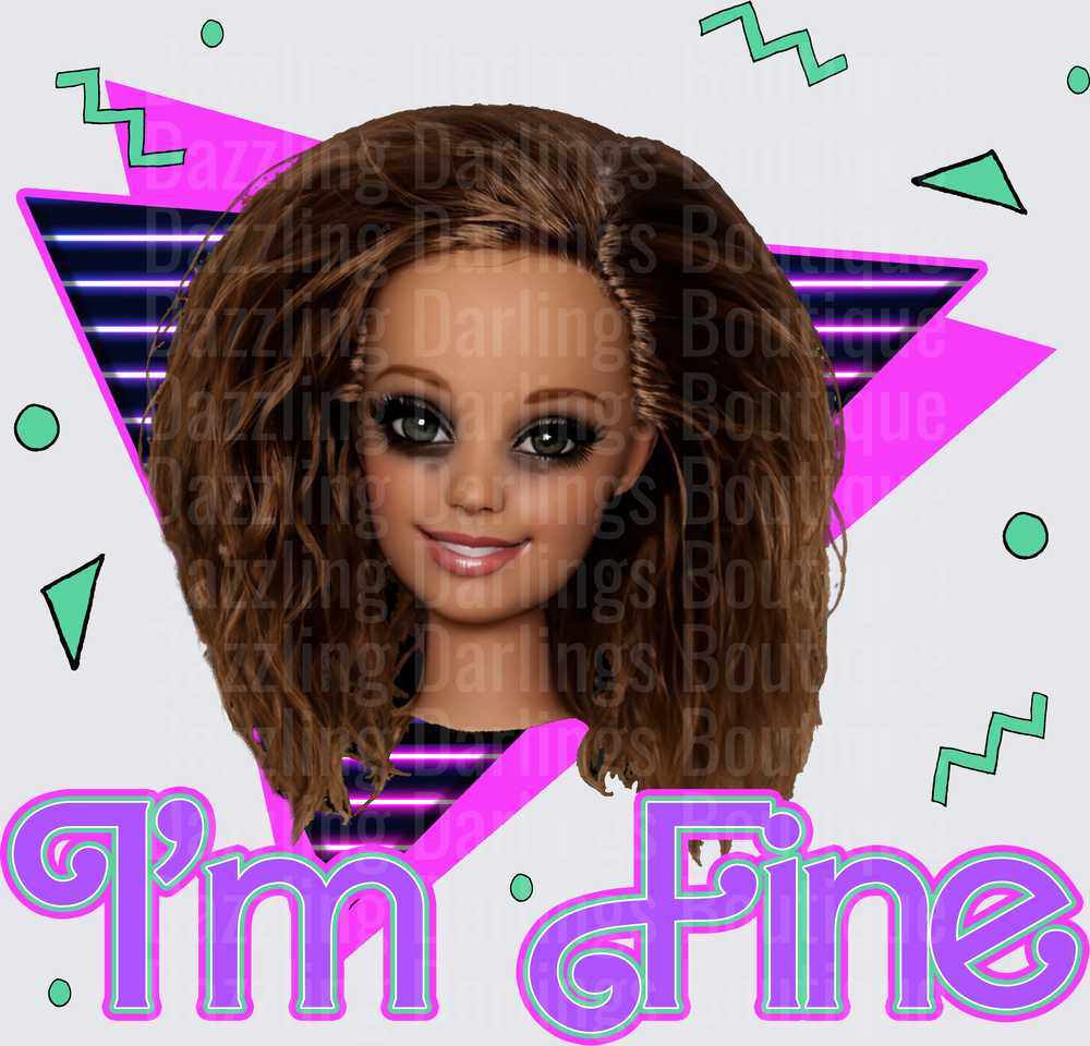 Barbie Doll Portrait with I'm Fine Text 80s Retro Vaporwave Style