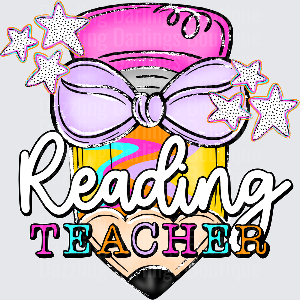Reading Teacher Pencil with Purple Bow and Stars