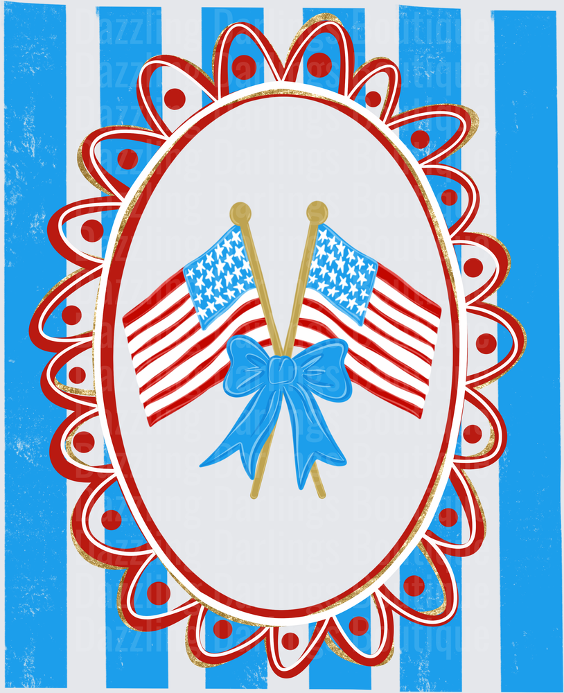 Patriotic American Flags with Blue Bow Decorative Frame
