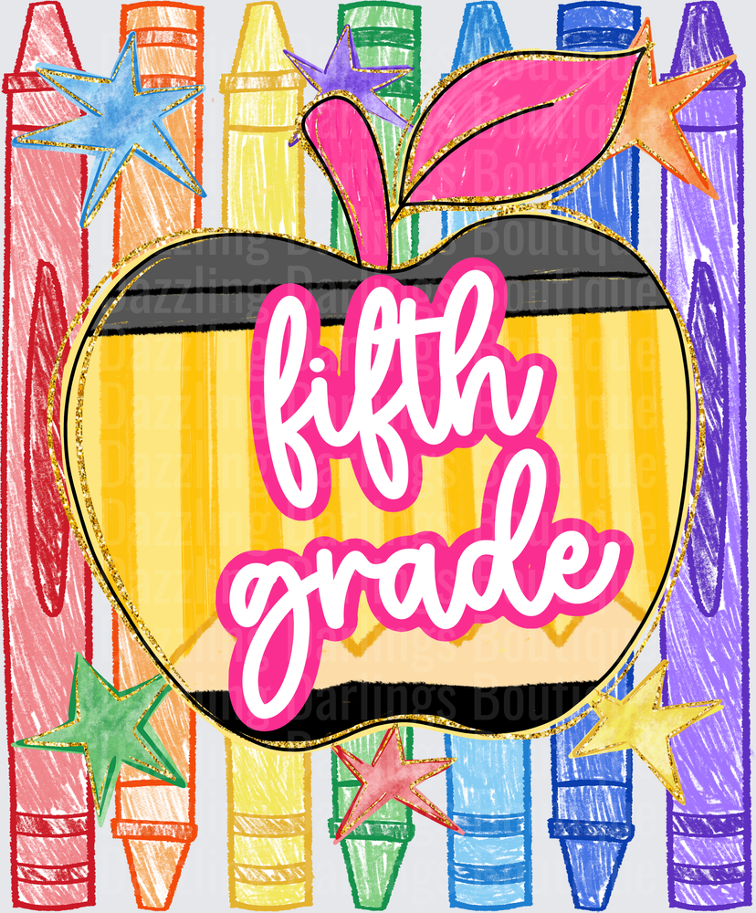 Fifth Grade Pencil Apple Rainbow Crayons Stars Back to School
