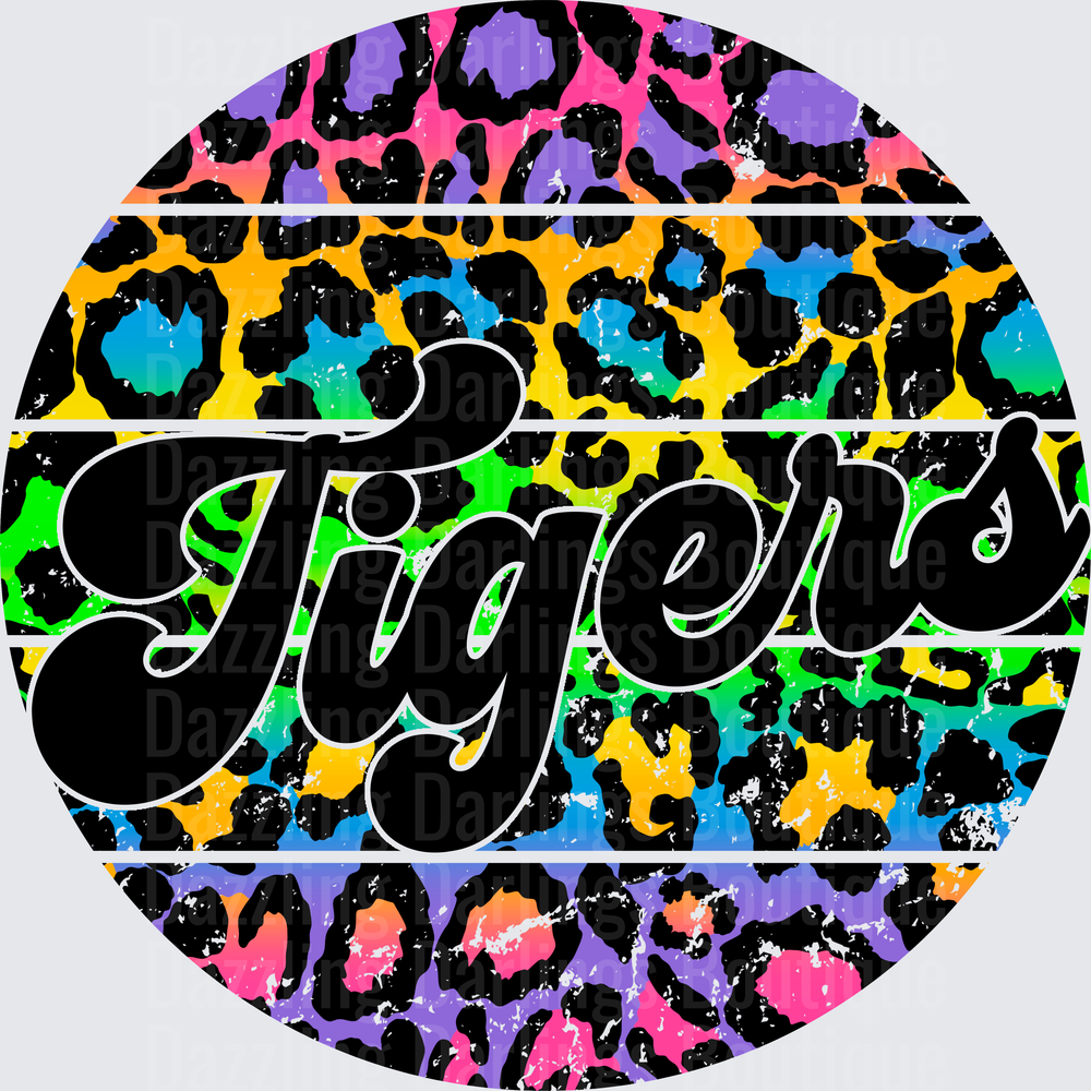 Tigers Rainbow Leopard Print Circle Badge Script