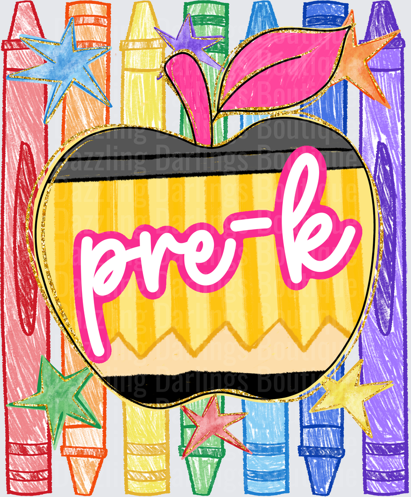 Pre-K Pencil Apple with Rainbow Crayons and Gold Stars