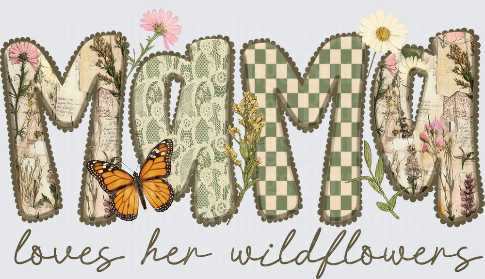 Mama Loves Her Wildflowers Vintage Botanical Butterfly Design