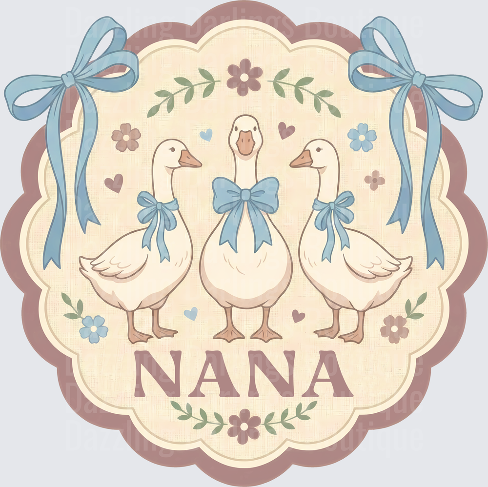 Nana Three Geese with Blue Bows Vintage Floral Frame