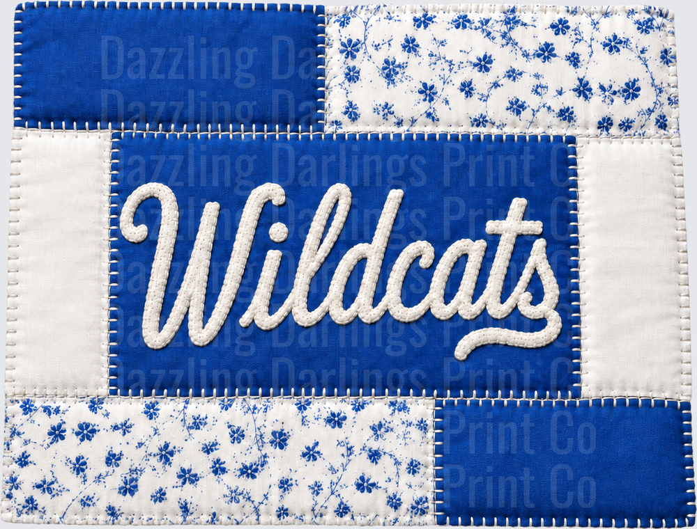 Wildcats Blue White Patchwork Quilt Script Lettering