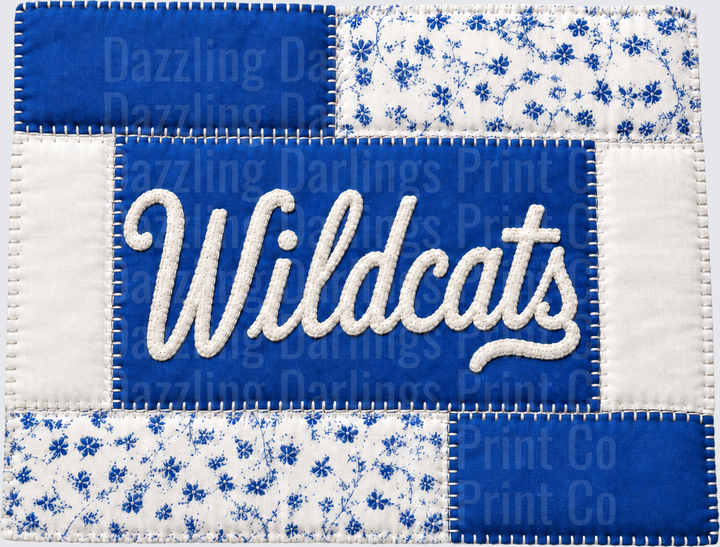Wildcats Blue White Patchwork Quilt Script Lettering