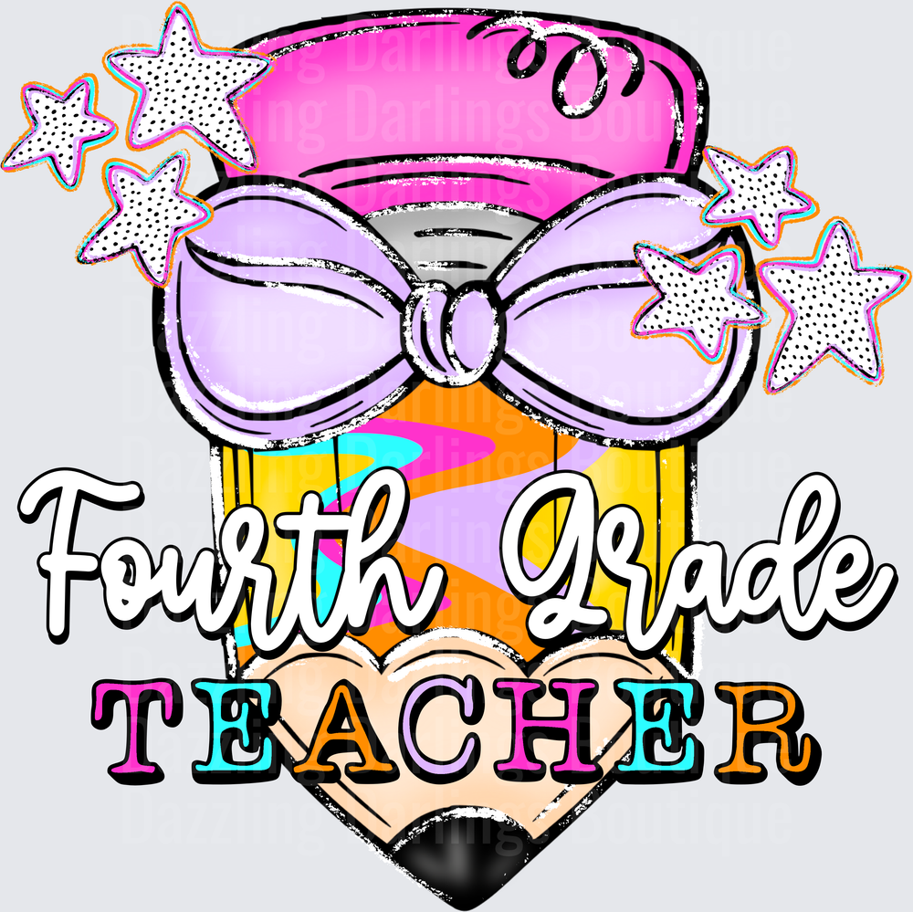 Fourth Grade Teacher Pencil Bow Stars Colorful Design