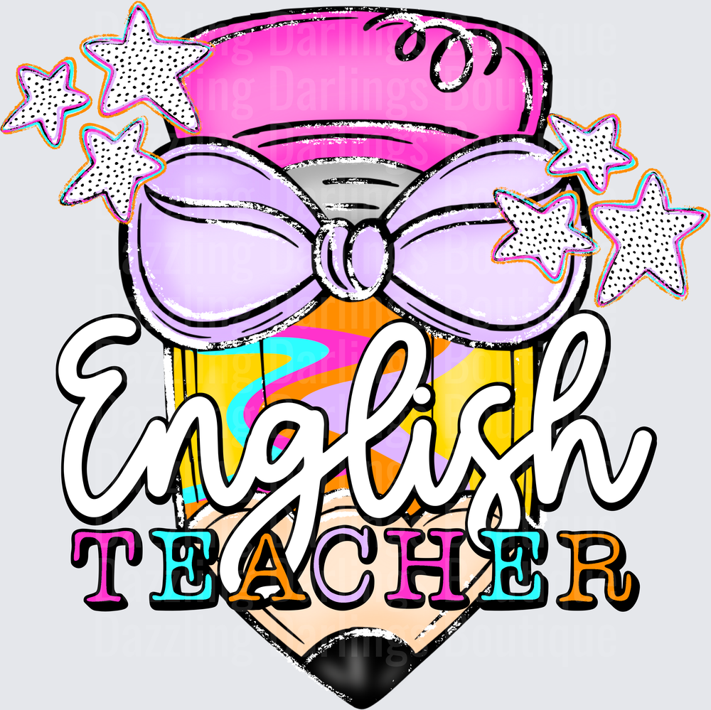 English Teacher Colorful Pencil Purple Bow Dalmatian Stars